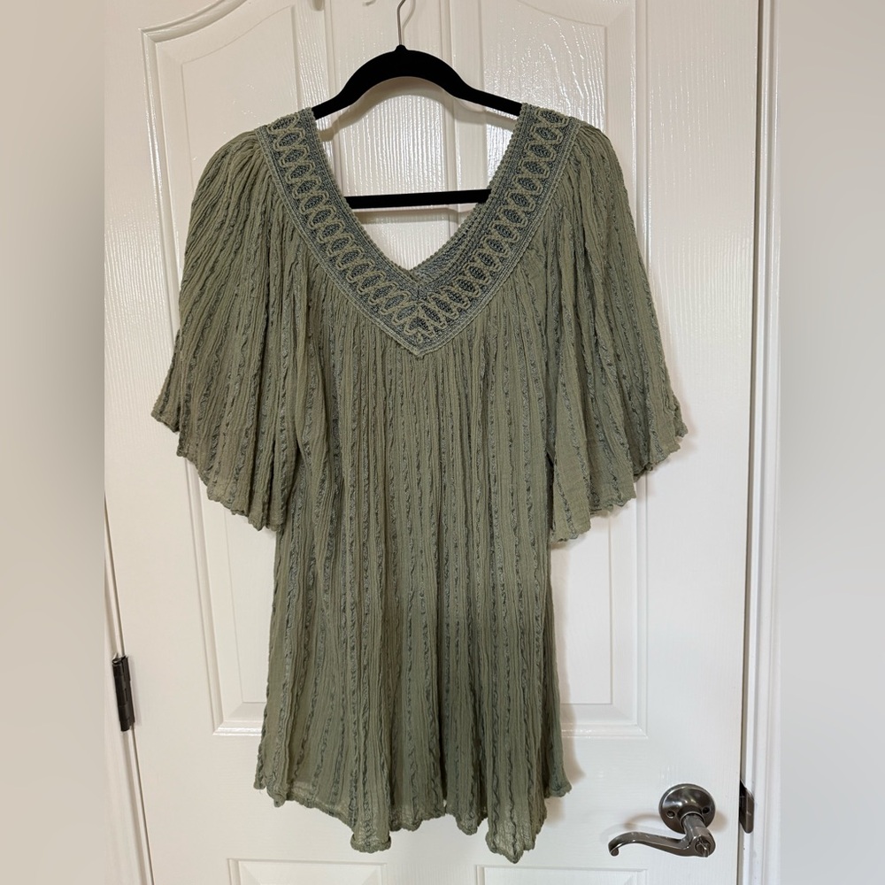 Olive Gauzy Textured V-Neck Top